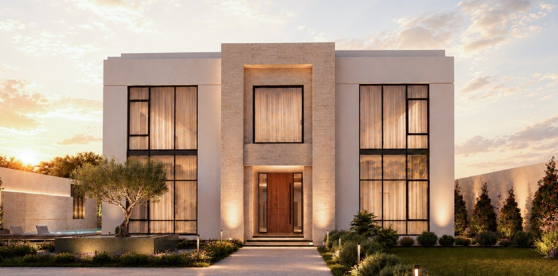 Alvora Villa, Swayfra — a travertine entrance portal framed by double-height glass.