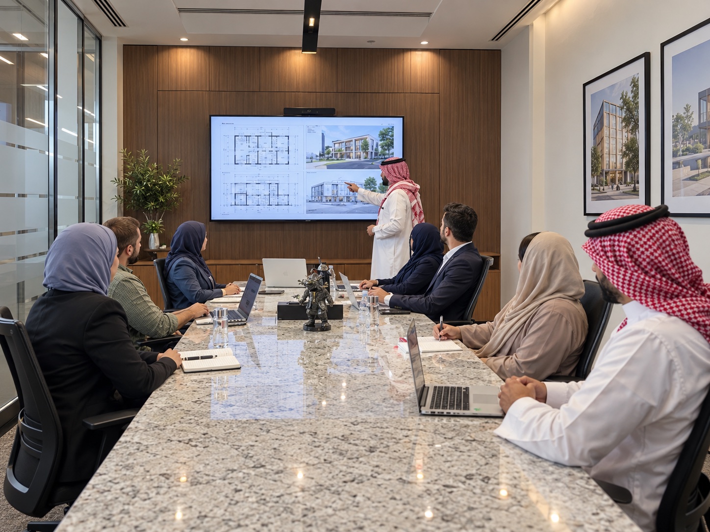 Ewan team reviewing drawings in a meeting